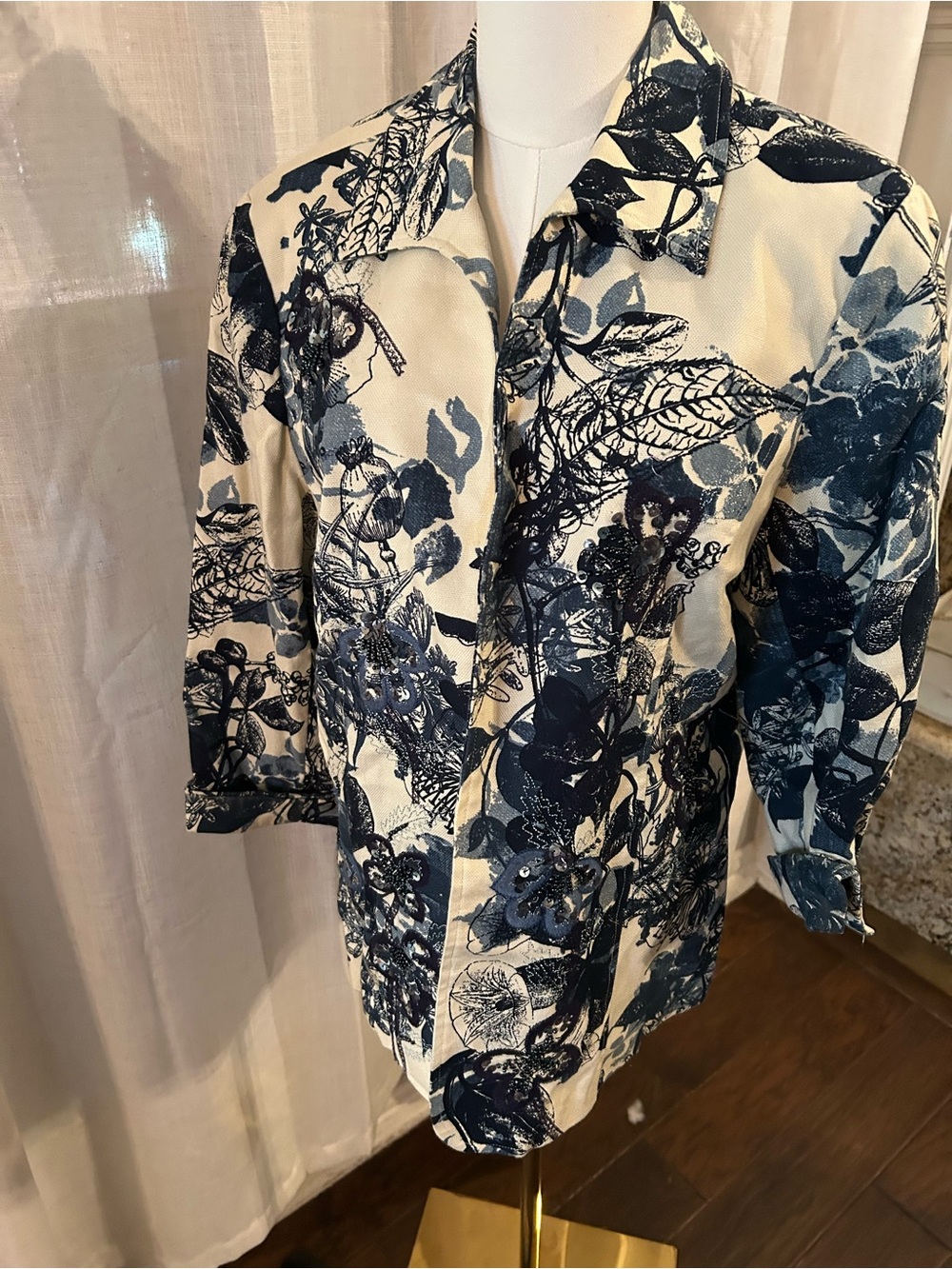 Coldwater Creek Navy Floral Print Cream Jacket